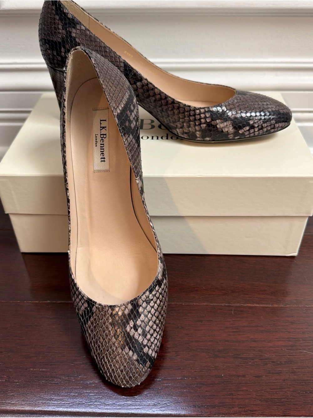 LK Bennett Snake-Print Pointed-Toe Pumps in Brown and Tan